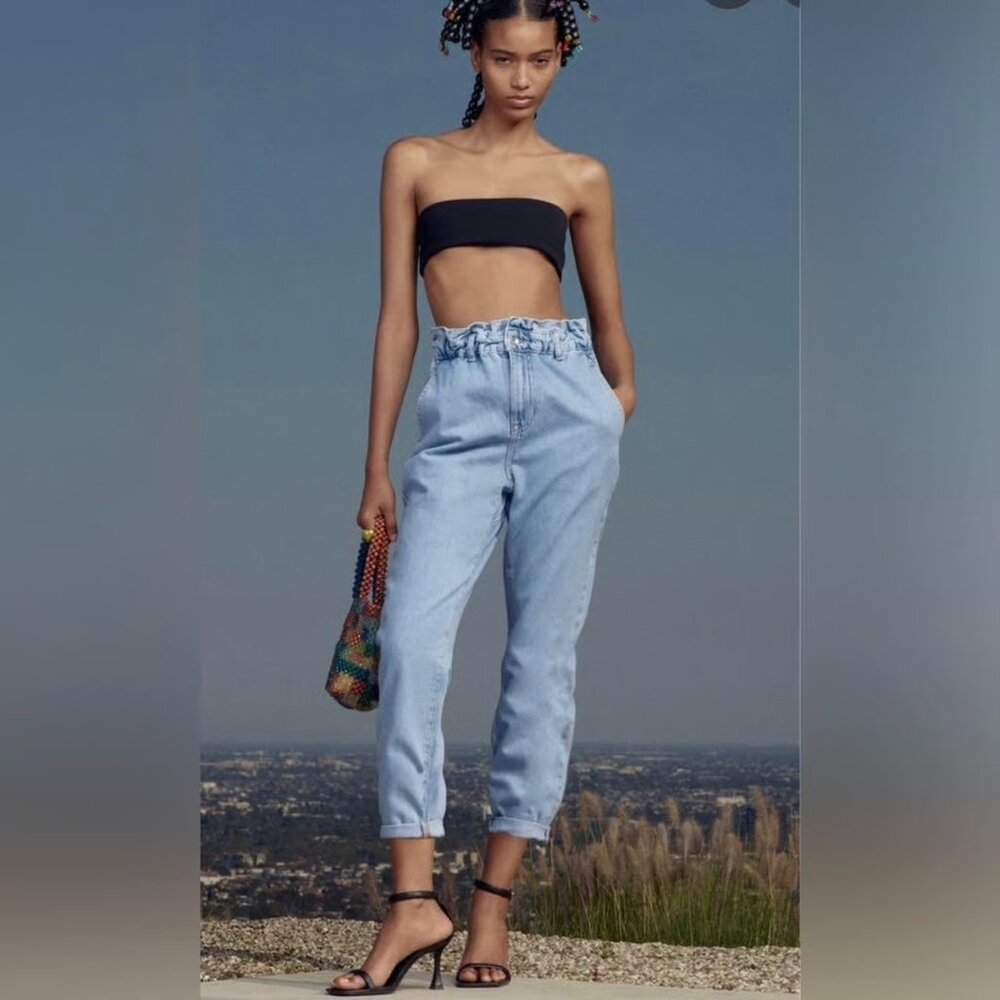 ZARA Light Blue‎ Denim Paper Bag High Rise Jeans Size 0